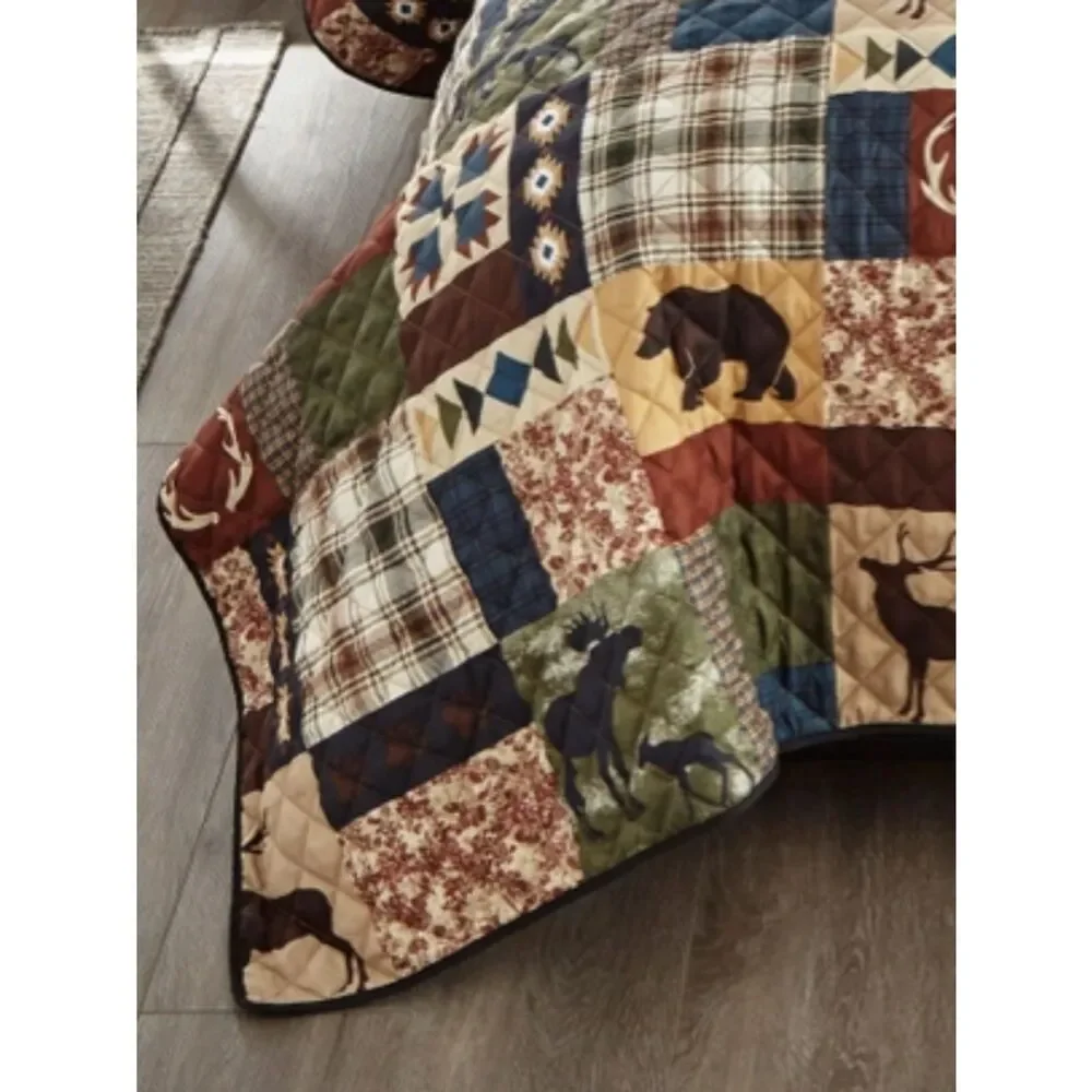 Log Cabin Theme King Quilt Set Lodge Hunter Rustic Deer Bear Buck Country